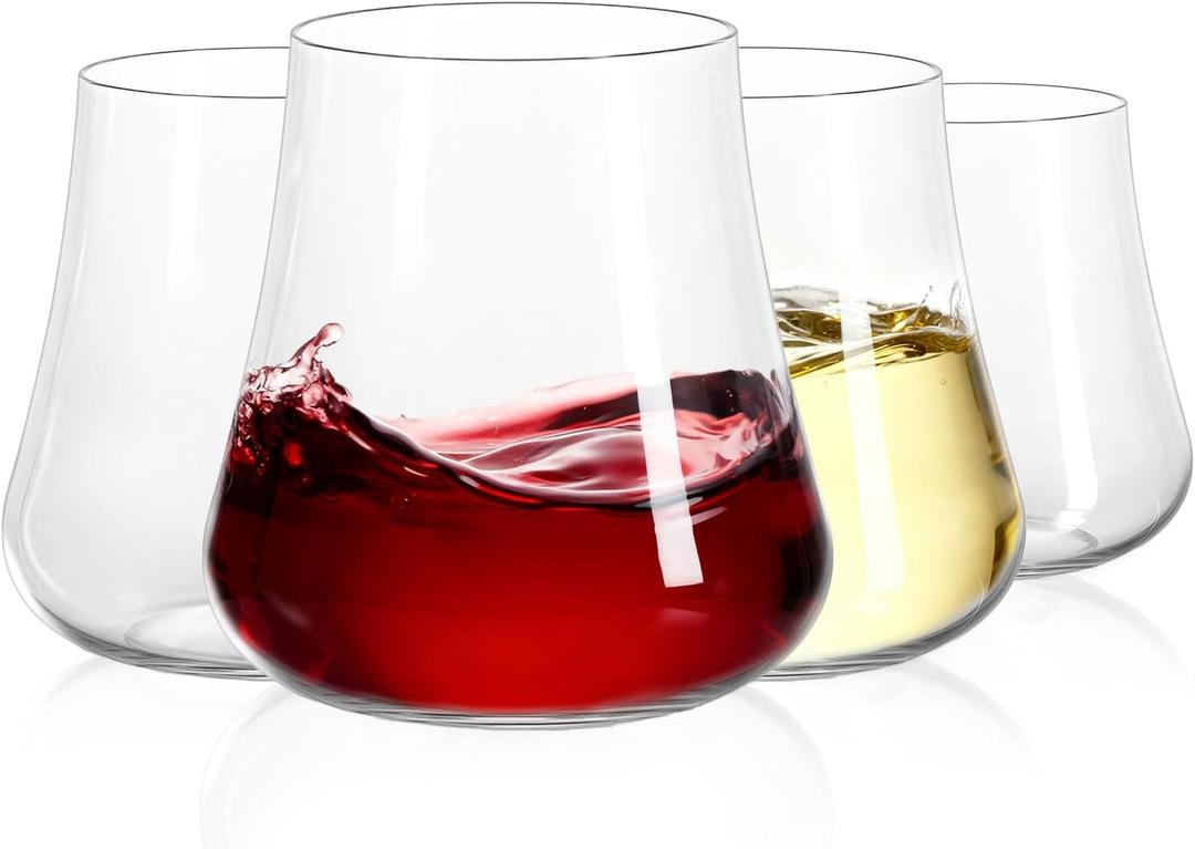 Large Stemless Wine Glasses Set of 4: 20oz Clear Hand Blown Crystal No Stem Red Wine Glass Cups for Birthday Party Wedding