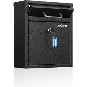 Uniclife Wall Mount Mailbox for Outside, Heavy Duty Locking Mailbox, Small Mailbox with Key Lock, Security Mail Box, Safe Key Drop Box, Post Box, Steel Cash Drop Box for Home Office School, Black (Medium)
