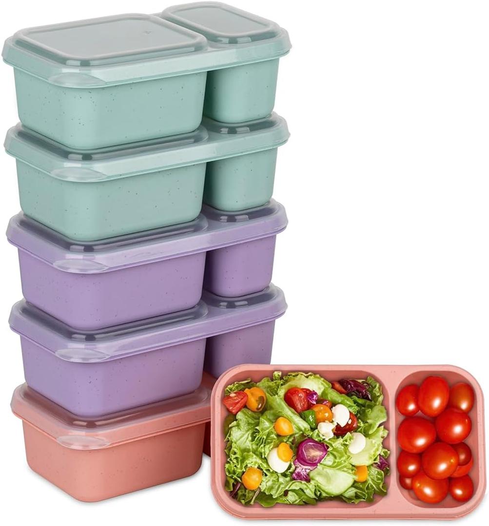 6Pack 2-Compartment Reusable Snack Containers with Lids, Wheat Straw Reusable Snack Packs for Meal Prep Food Storage On-the-Go Snacking