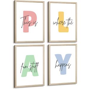 Kids Playroom Wall Art Decor Play Room Poster Baby Boy Kids Nursery Canvas Wall Decor Toddler Children Playroom Print Artwork Let's Play Sign Pictures for Bedroom Set of 4 8x10 Inch Wooden Frame