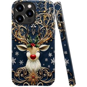 Case Compatible with iPhone 16 Pro Max,Glossy Hybrid 2-Layer Hard Shell,Shockproof Soft for Girl Women,Christmas Reindeer Golden