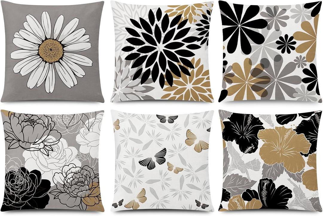 COMMINY Brown Black Pillow Covers 16x16 Set of 6, Daisy Flower Throw Pillow Cover Case Rustic Square Cushion Cover for Sofa Bedroom Living Room Farmhouse Home Decor