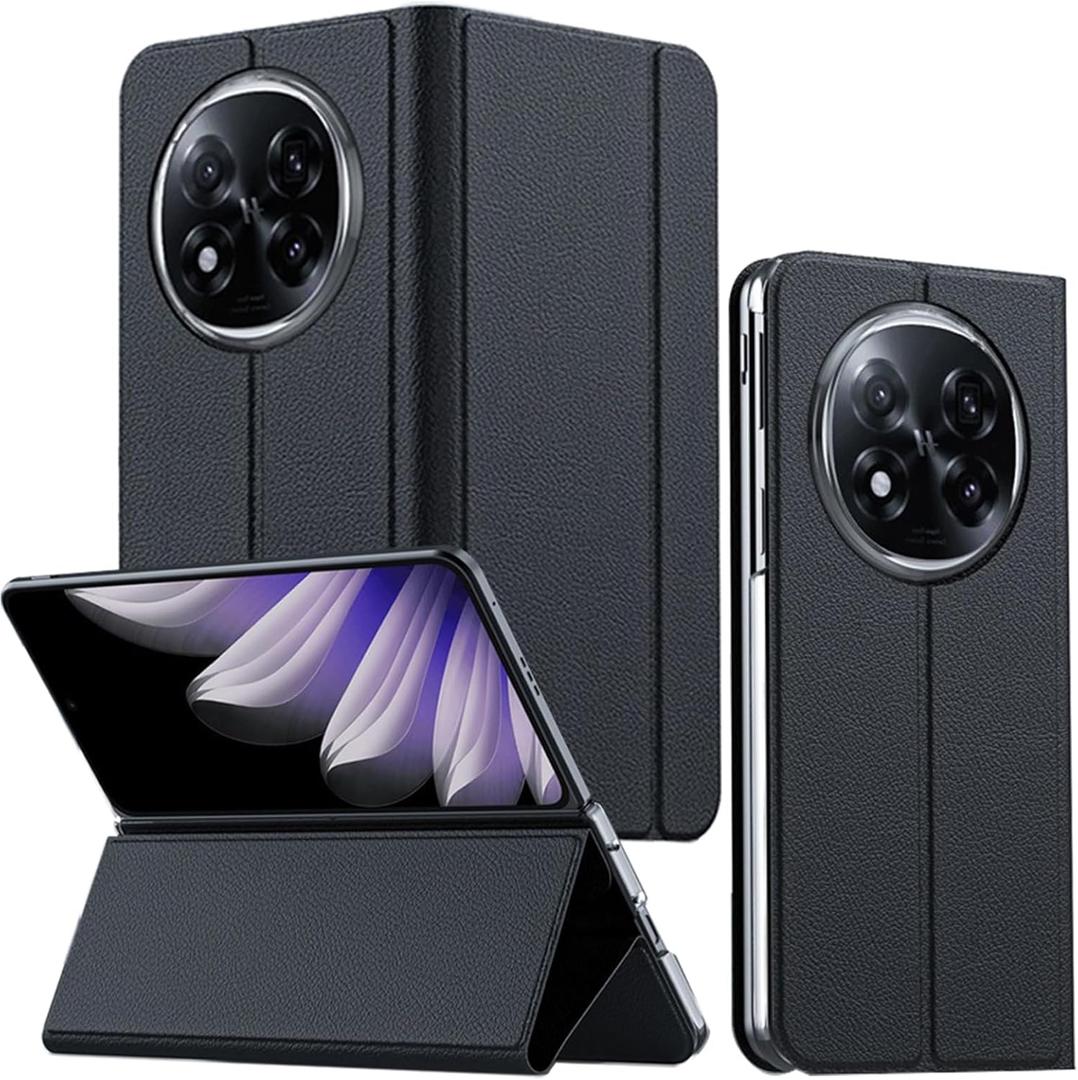 for Oppo Find N5 Flip Case, Classic PU Leather Flip Cover [Magnetic Closure] [Camera Protector] [Hinge Protection] Hard PC Bumper Slim Full Coverage Stand Flip Case for Oppo Find N5 Black