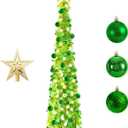 6FT Pop up Christmas Tree - Deeteck Fully Decorated Prelit Artificial Christmas Tree with Lights, Silver Top Star, Decorative Balls, Easy Assemble Collapsible Christmas Trees Decor for Outdoor Indoor (Green)