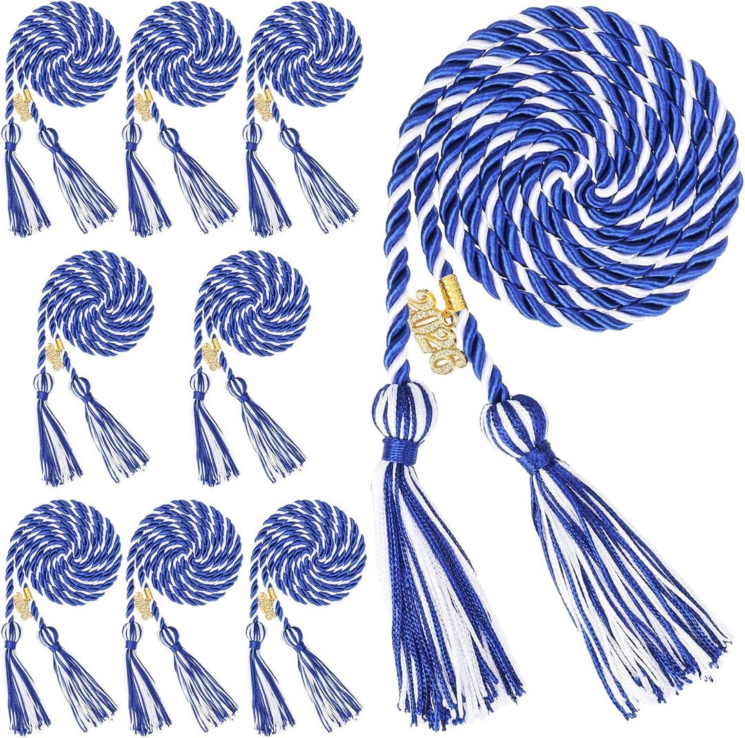Woanger 8 Pcs Blue and White Graduation Cords 67 Inch Honor Cords with Tassel and 2026 Year Charm Graduation Decoration for College Students Bachelor Master Doctor Grad Decor