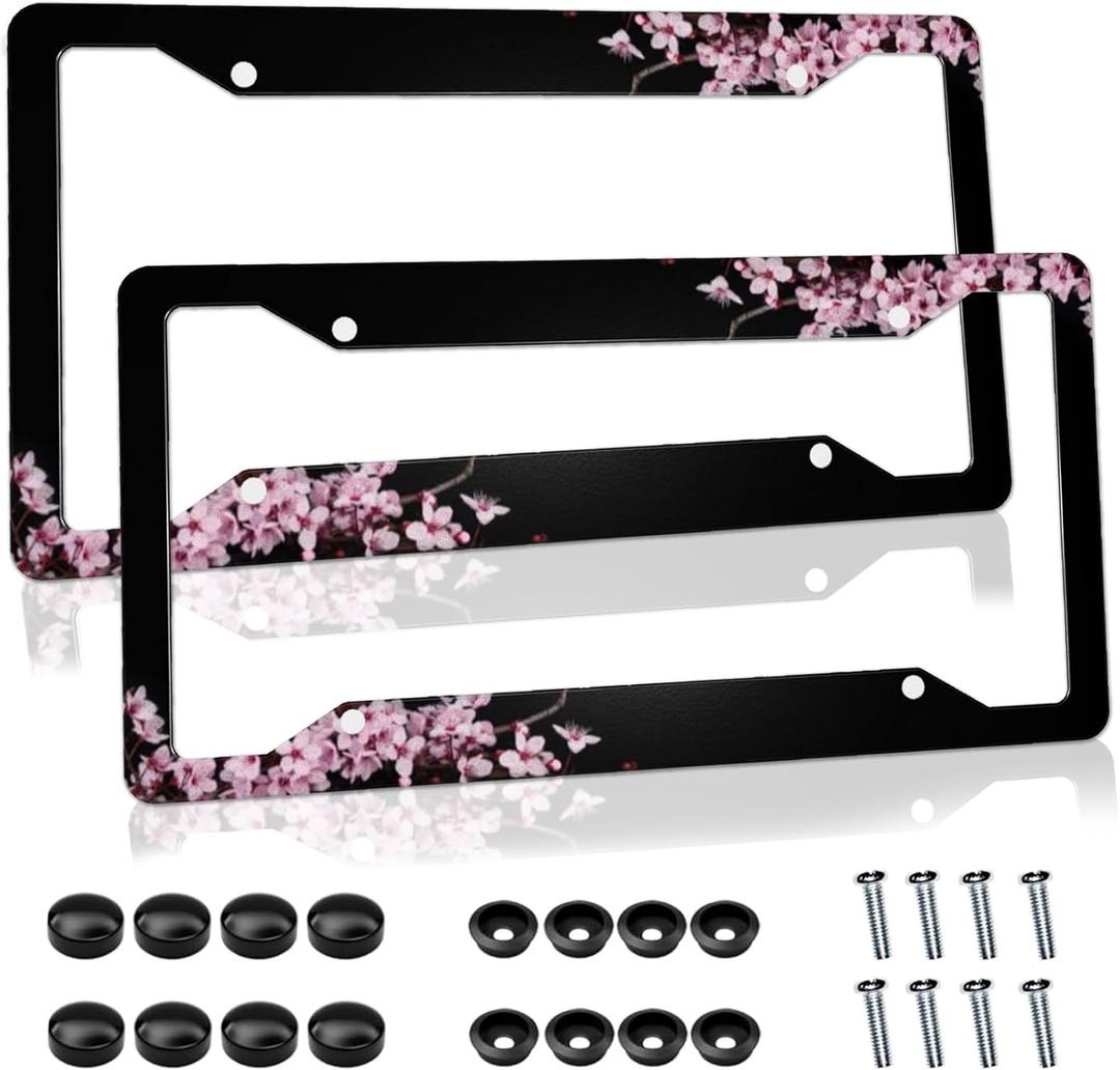 Cherry Blossom License Plate Frame Pink License Plate Cover Funny Auto Accessory Bracket Aluminum Metal Black License Plate Frames for Women Men (Set of 2, 12.3" x 6.3")