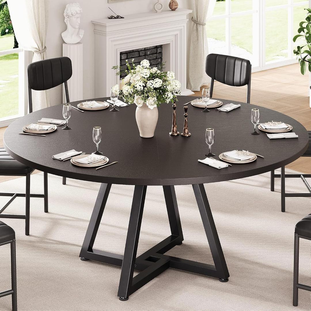 Jocoevol 51 Round Kitchen Dining Room Table for 6-8, Circle Dining Dinner Table with Pedestal Metal Frame, Space Saving Wood Industrial Furniture for Small Space (Black, 51In)