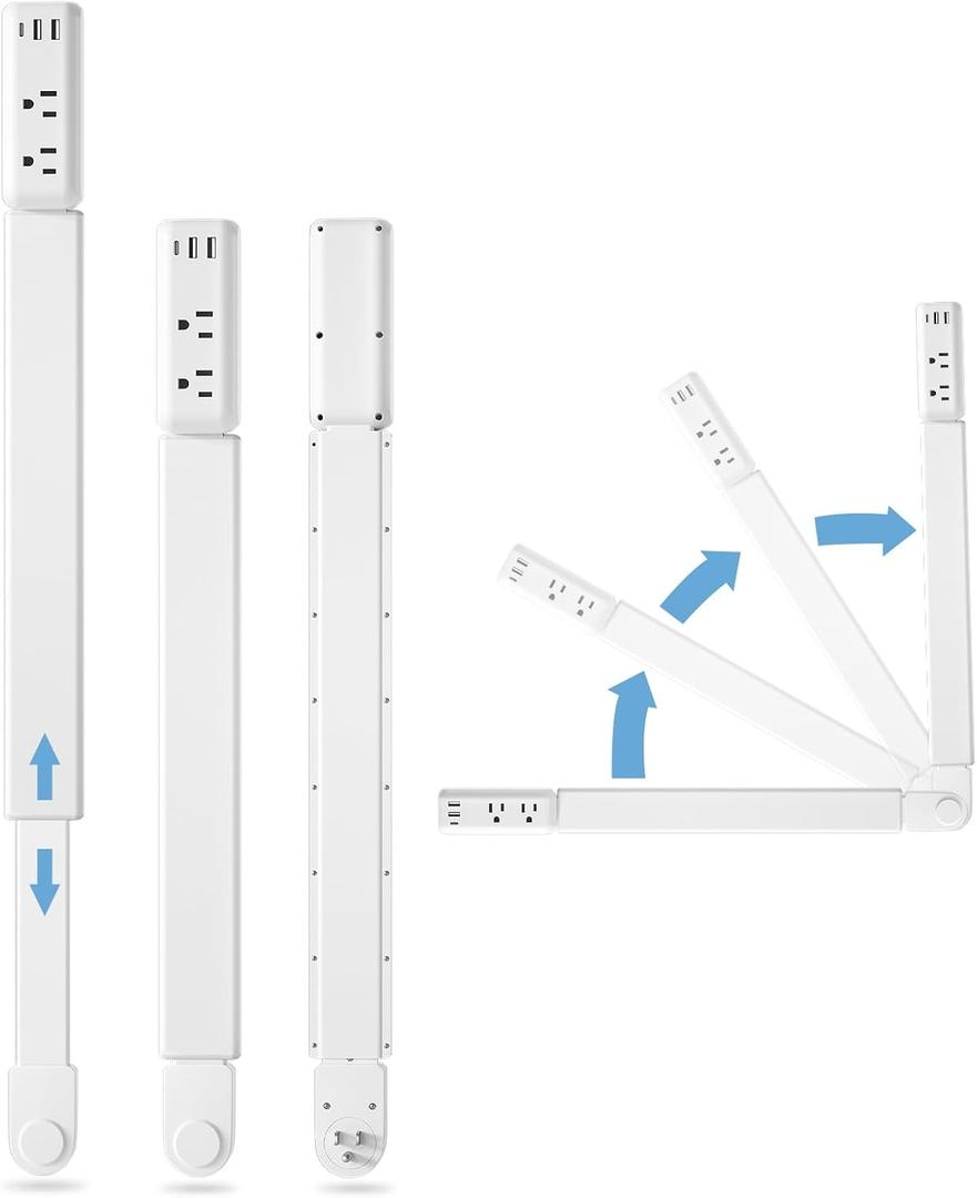 Outlet Electrical Outlet Extender Stick - Features 1 USB -C, 2 USB -A, and 2 AC Outlets, Free Assembly Extends 23"-34". Plug Extension Outlet Use Behind Sofas, Nightstands, Desks (White)