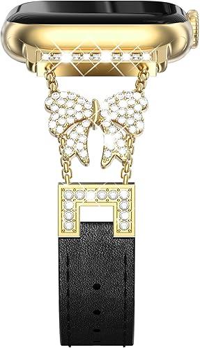 NewWays Slim Leather Sparkling Bow for Apple Watch Band 38mm 40mm 41mm 42mm 44mm 45mm 46mm for iWatch Series 11 10 9 8 7 6 5 4 3 2 1 SE, Thin Dressy Designer Strap Bling Diamonds Bracelet for Women