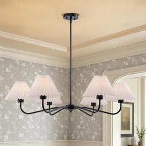 6-Light Chandelier with Shades, Black Dining Room Light Fixture | 35.8'' Modern Chandeliers for Dining Room, White Pleated Fabric Shades, Hanging Pendant Light for Bedroom Kitchen Island E26