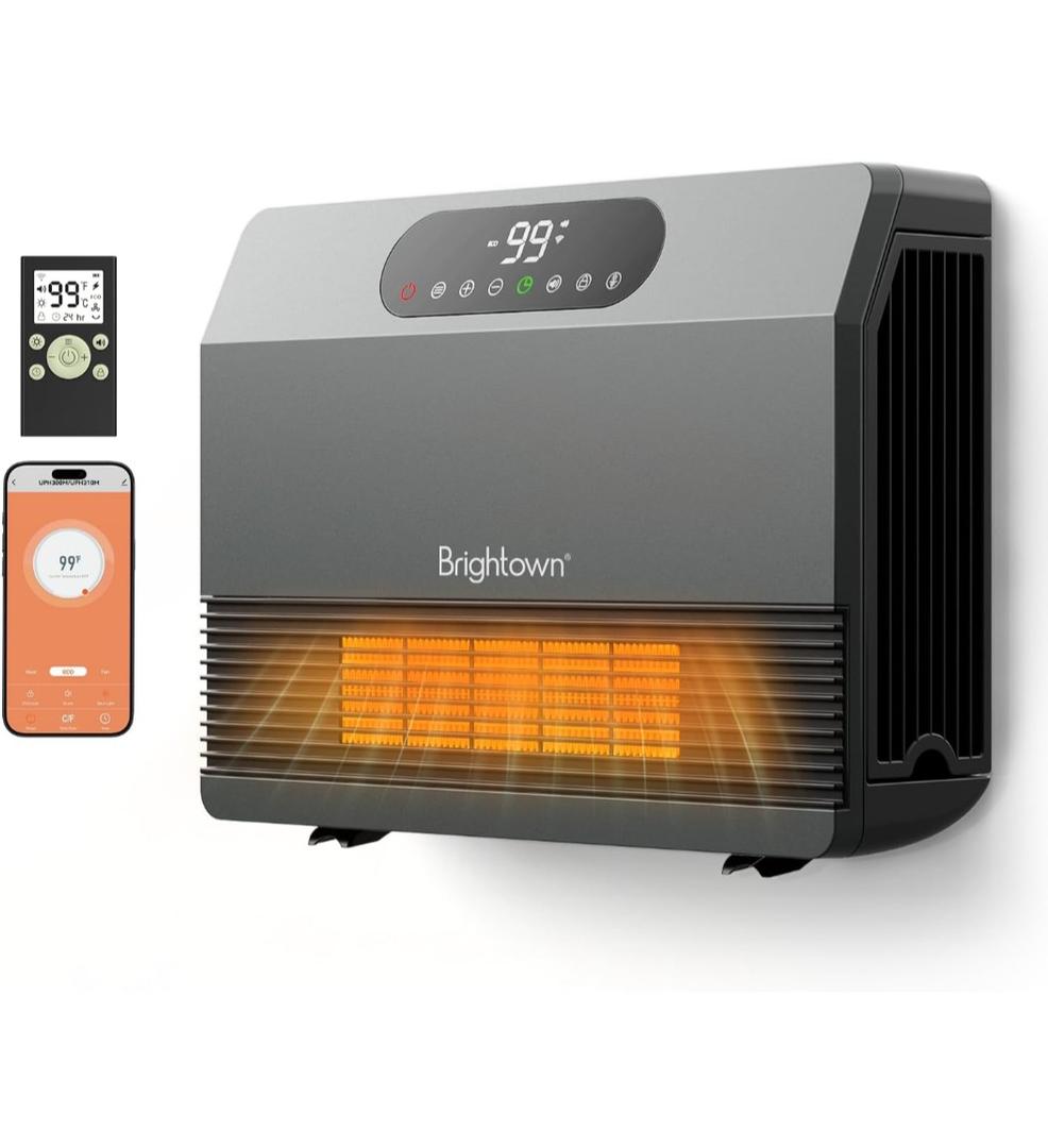 Brightown Smart Wall Heater, Electric Space Heater for Indoor Use 1500W, 5 Optional Modes, Adjustable Thermostat, Easy-Mount Heater for Bedroom with Remote Control, 12H Timer, Works with Alexa, Grey
