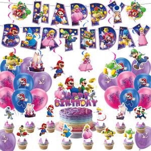 38 Pcs Mario Party Decorations, Classic Games Mario Bros Happy Birthday Decorations, Includes 1 Banner, 6 Spiral Decorations, 18 Balloons, 1 Cake Topper, and 12 Dessert Decorations