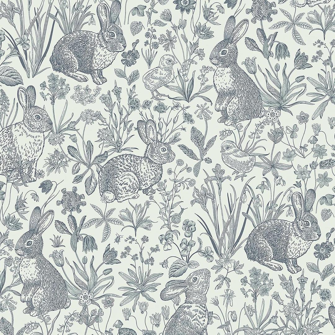 Livelynine Blue Bunny Wallpaper Peel and Stick Vintage Floral Rabbit Farmhouse Blue and White Wall Paper for Bedroom Whimsical Woodland Toile Removable Contact Paper for Cabinets Drawers 17.5x78.8