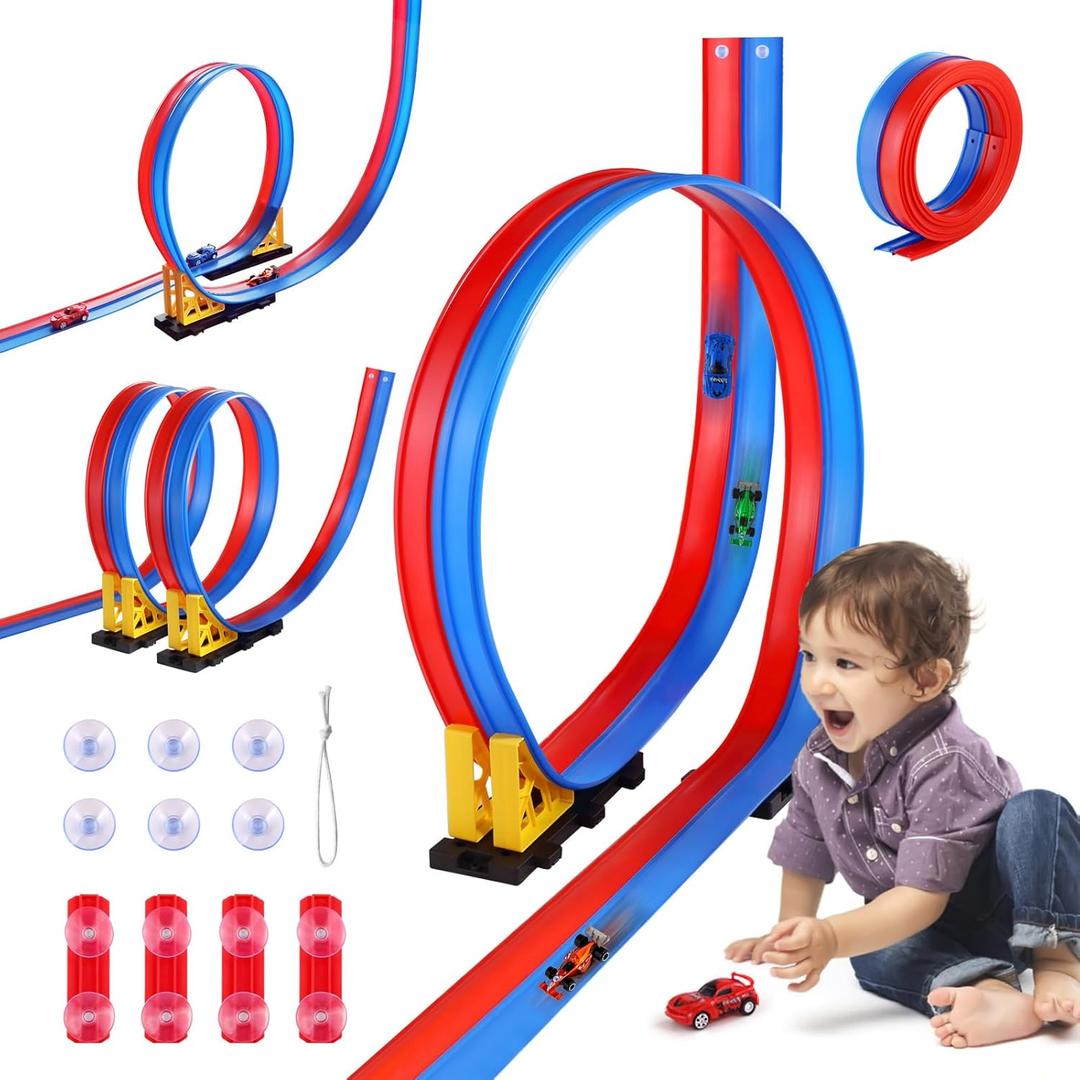Flexible Race Car Track for Kids - 15 Ft Race Track Toy with Suction Cups, Roll-Up Portable DIY Racetrack Compatible with 1/64 Diecast Cars, Blue & Red, Birthday Christmas for Boys Girls Ages 3+