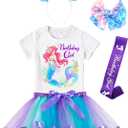 Doctor Unicorn Birthday Girls Mermaid Outfit Set Costume Tutu Skirt Dress, Mermaid Birthday Shirt, Headband & Satin Sash (6-7 Years, White/Blue Tutu-2)