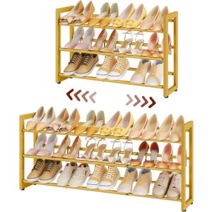 FAVOOSTY 3-Tier Expandable Shoe Rack, Adjustable Shoe Shelf Storage Organizer Space Saving Metal Free Standing Shoe Rack for Entryway Closet Doorway, Gold