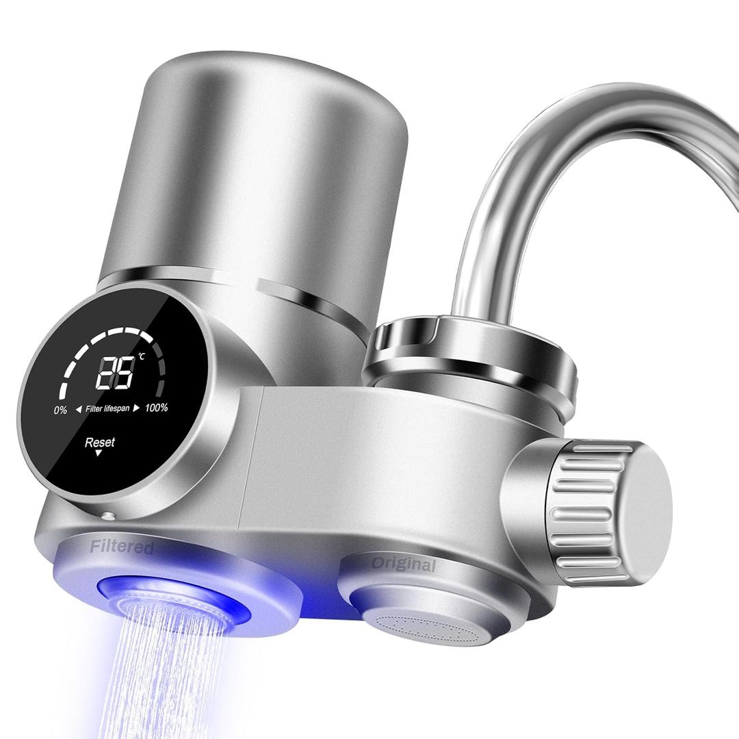 Faucet Mount Water Filtration System, LED Digital Display Faucet Tap Water Filter, NSF Certified to Reduce Chlorine Heavy Metals and Bad Taste w/13 Adapters