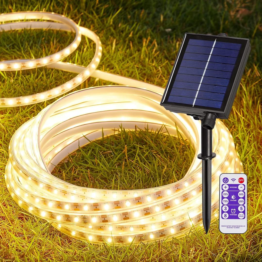 LUHLEE Solar LED Strip Lights Outdoor, Brighter 300 LED 16.4FT Solar String Lights Outdoor with Remote,8 Lighting Modes Auto ON/Off Rope Lights for Outside, Deck, Steps, Christmas Decor Lighting (Warm White)