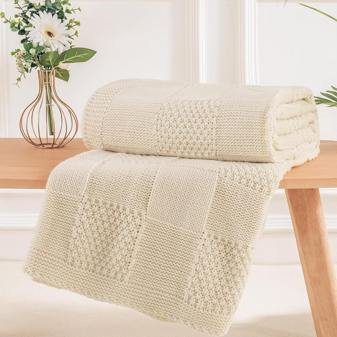 NEXHOME PRO Knit Throw Blanket,Classical Checkered Blanket for Couch,Cozy Warm Knitted Throw Blanket for Bed Sofa Living Room, Decorative Stretched Throw, Lightweigh,50"X 60"Cream White