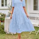 MEROKEETY Women's 2025 Summer Puff Sleeve Smocked Floral Dress Crewneck Lace Flowy Tiered Midi Dresses (Blue, M)