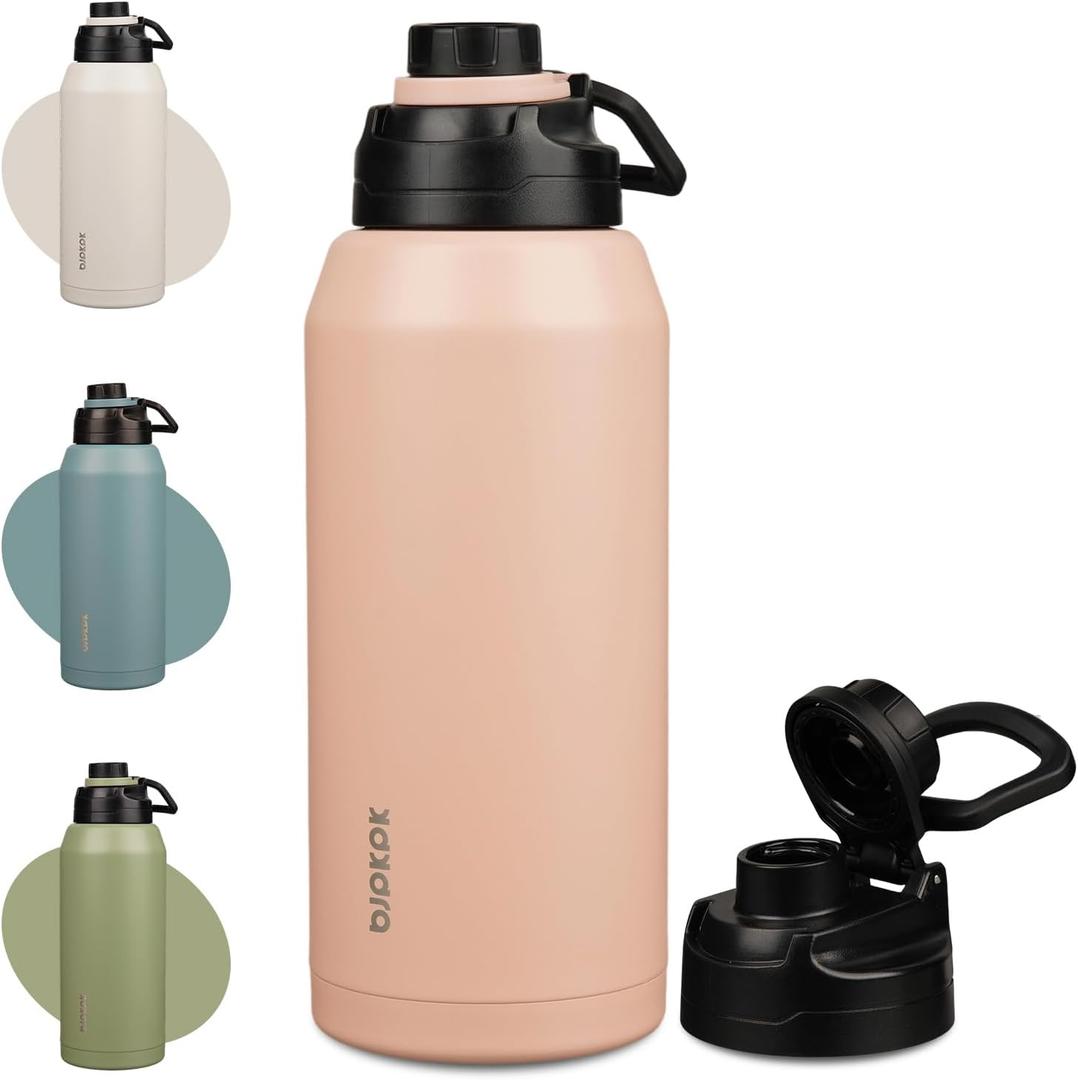 BJPKPK Half Gallon Water Bottle,64oz Insulated Bottles Wide Mouth,Stainless Steel Large Water Jug with Leakproof Spout Lid,Keep Drinks Cold and Hot,Peach