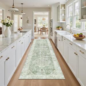 Madane Runner Rug 2x8, Washable Hallway Runner Rugs, Non-Slip Low-Pile Soft Kitchen Rug Runner Laundry Room Rug, Vintage Throw Entry Foyer Mat for Entrance Living Room (Green/Ivory, 2 x 8)