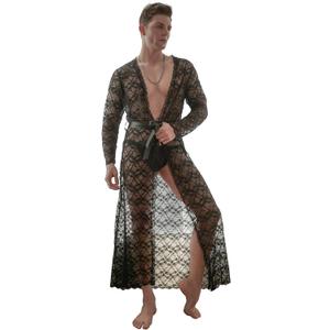 Mens Robes Lightweight Mesh Lingerie Transparent Sleepwear Ultra thin Pajamas Suit Nightgown Robe for Men (Black)