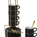 Lareina Porcelain 3-Ounce Espresso Cups Set of 6, Small Stackable Coffee Cups with Saucers, Spoons and Metal Stand - Ceramic Demitasse Mugs, Double Shots Expresso Cup, Matte Black