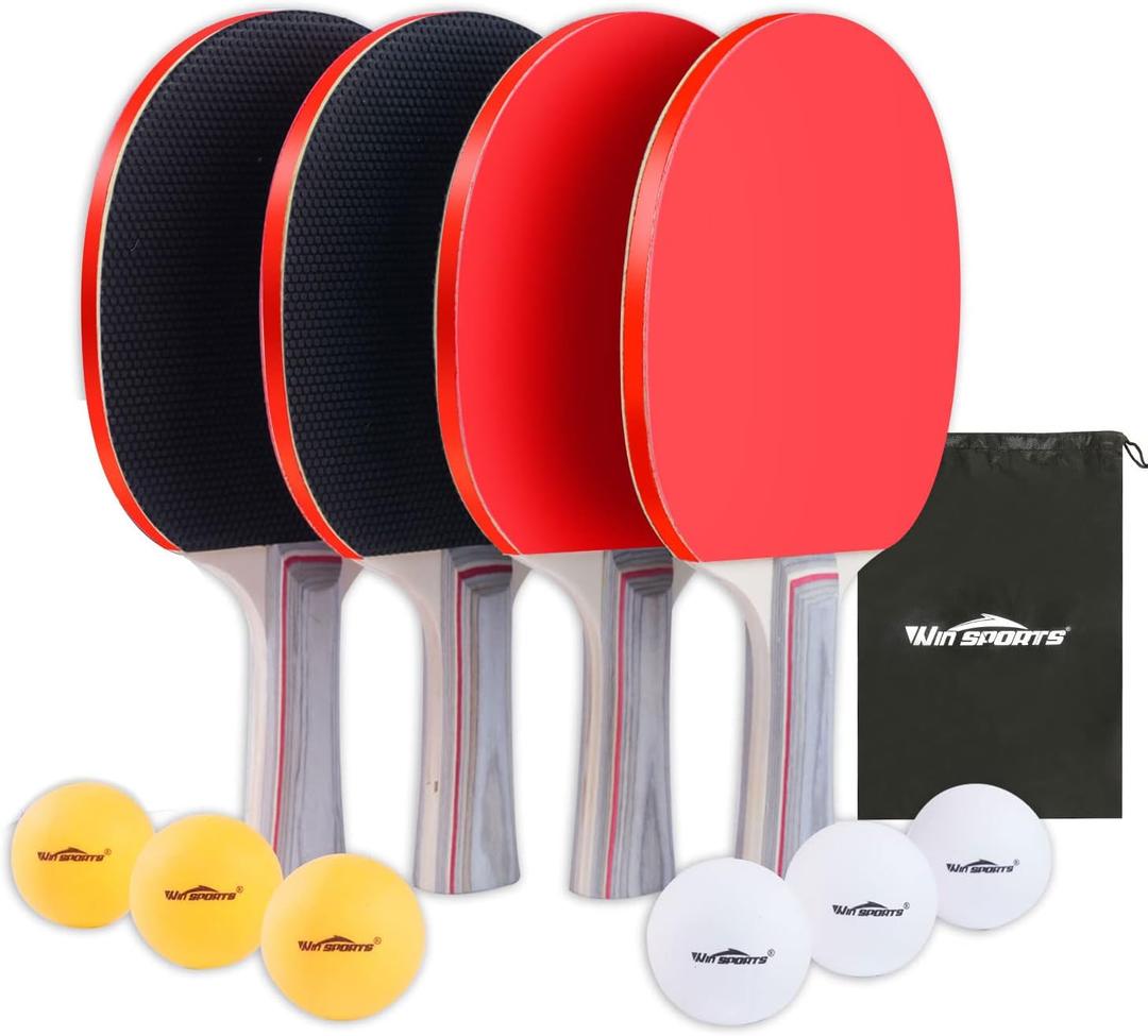 WIn SPORTS Ping Pong Paddle Set, Professional Table Tennis Racket Set with 6 Ping Pong Balls, Ping Pong Paddles 4 Player Set, Ping Pong Set Starter Kit