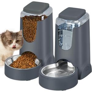 Automatic Cat Feeder and Water Dispenser with Stainless Steel Bowl Dog Gravity Food Feeder and Waterer for Small Medium Pets Puppy Kitten 1 Gallon x 2 (Charcoal gray3.8L*2)