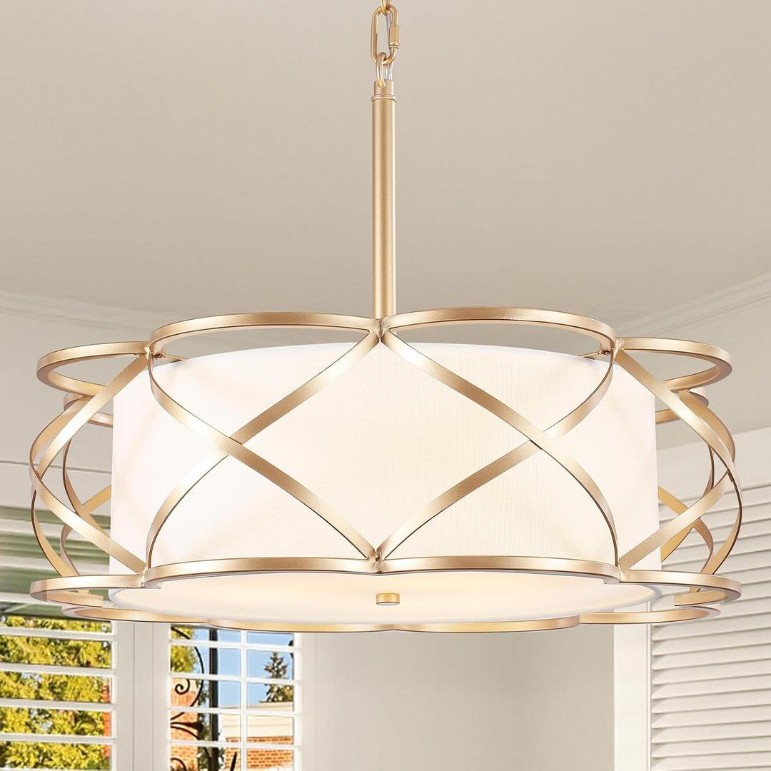 17.71" Drum Chandeliers, Gold Chandelier for Dining Room 3-Lights Light Fixtures with White Linen Fabric Shade Hanging Lighting for Entryway Kitchen Island Foyer Bedroom