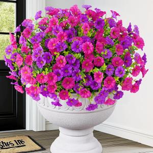 Artificial Flowers for Outdoors, 14 Bundles Fake Outdoor Flowers, UV Resistant Artificial Outdoor Plants & Flowers for Decoration, Colorful Morning Glory for Garden Porch Yard Patio, Purple & Fuchsia