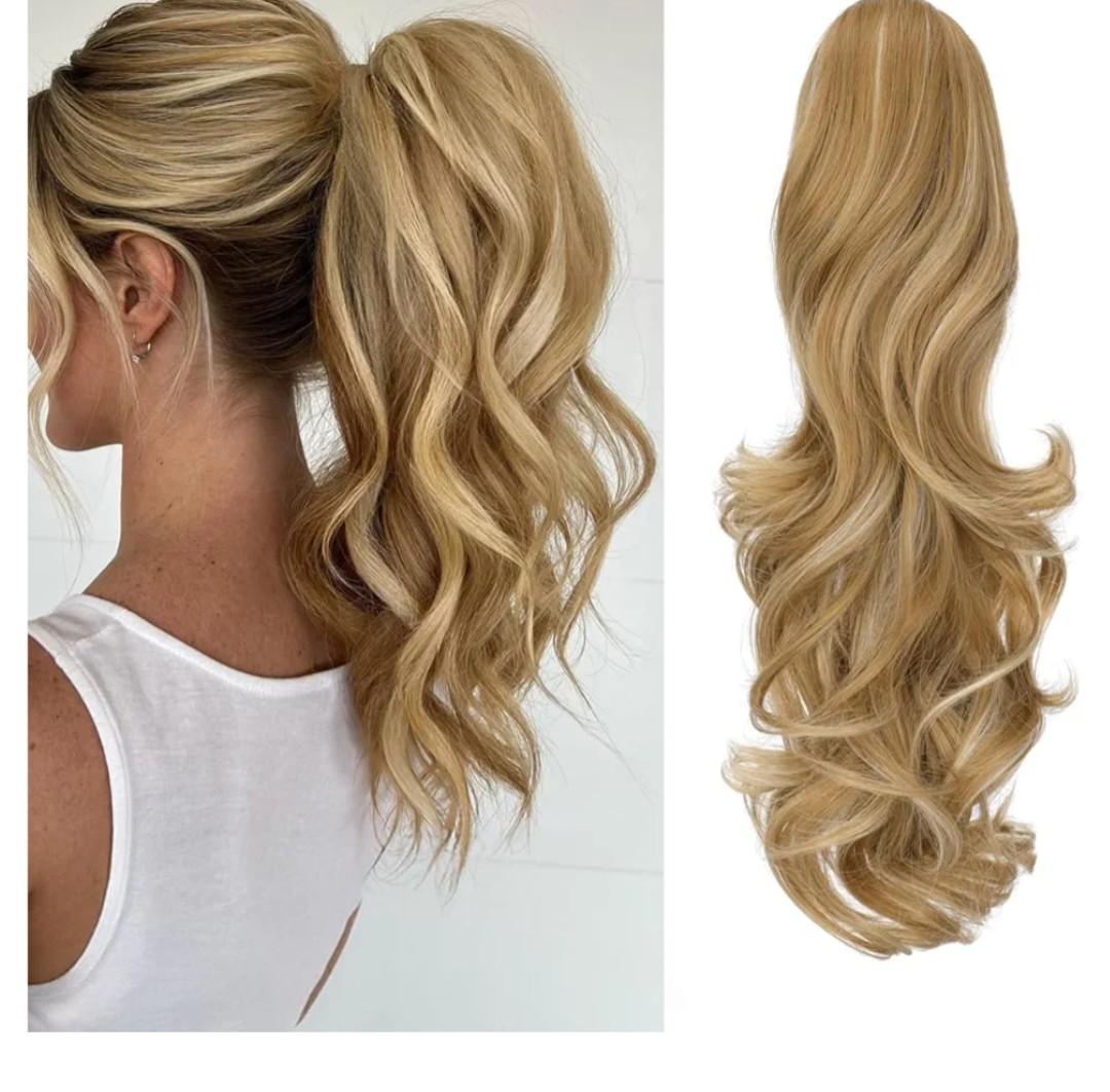 FELENDY Ponytail Extension Claw 18" 20" Curly Wavy Straight Clip in Hairpiece One Piece A Jaw Long Pony Tails for Women (Light Ginger Mix Bleach Blonde,Curly)