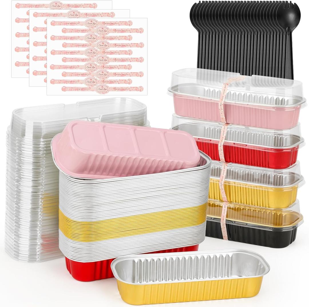 selizo 60 Pack 6.8oz Mini Loaf Baking Cake Pans with Lids, Rectangle Disposable Aluminum Foil Loaf Baking Pans, Small Baking Cake Tins Cup Cake Containers for Individual Cakes (Multi-colored)