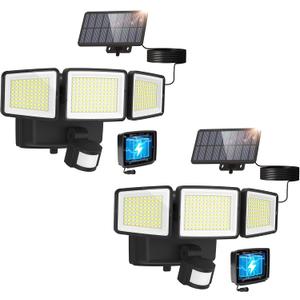 UME Hybrid Solar and Battery Powered Motion Sensor Outdoor Lights, 302 LED 1800LM, IP65 Waterproof, 3-Head Motion Activated LED Flood Light, Energy Efficient Hybrid Security Lights for Garden -2 Pack