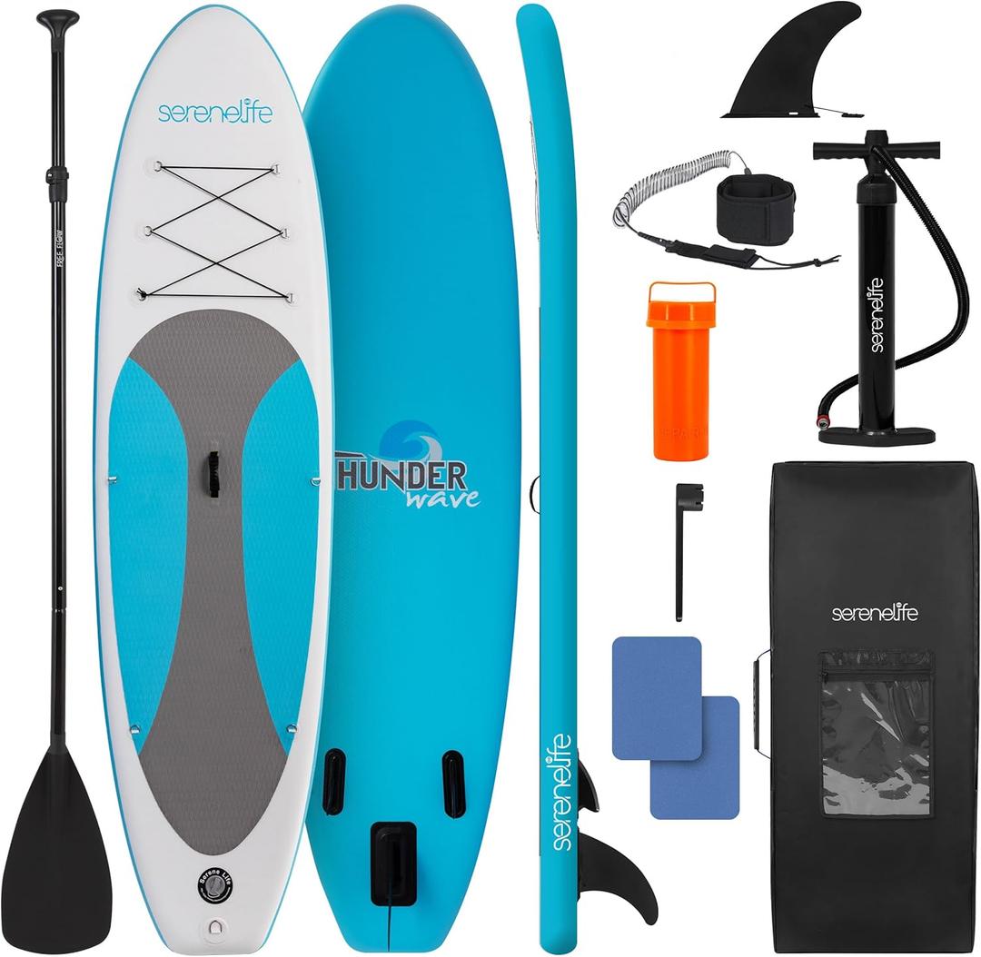 SereneLife Inflatable Stand Up Paddle Board - Wide Stable Design, Non-Slip Deck for Adults & Youth with Premium Paddle Board Accessories: Carry Bag, Dual Action Pump, Paddle, Ankle Leash - 10'
(Light Blue)