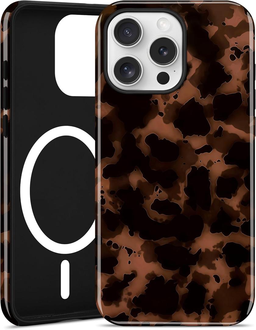 Jusy Compatible with MagSafe Brown Tortoise Shell Print Phone Case for iPhone 16 Pro Max, Amber Trendy Luxury Magnetic Soft TPU and Hard PC Protective Phone Cover for Women Girls - Brown