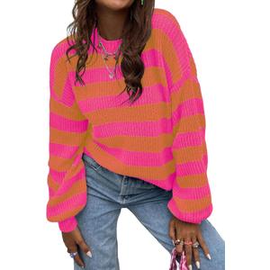 Allimy Women's Crewneck Color Clock Striped Cable Knit Sweaters for Women Fashion Trendy 2025 Lightweight Fall Outfits (Orange), Small