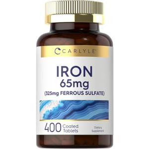 Carlyle Iron Ferrous Sulfate 365mg, 65 mg | 400 Tablets | Non-GMO, Gluten Free, and Vegetarian Supplement | High Potency, Best By 07, 2027