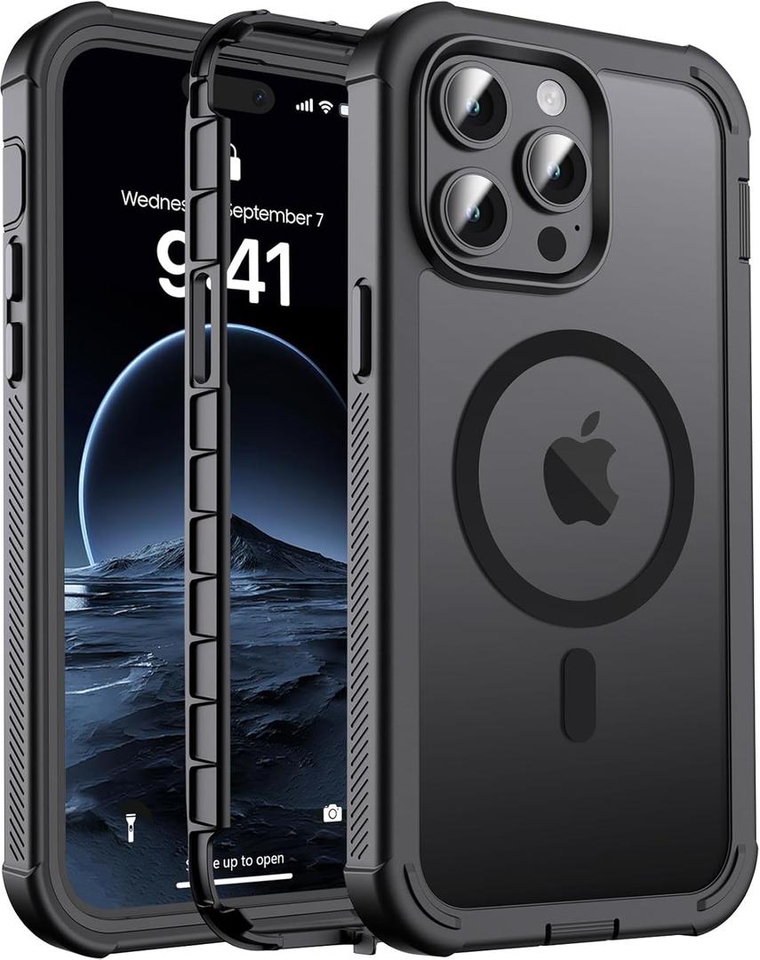 Magnetic for iPhone 14 Pro Case, [Compatible with MagSafe][Military Grade Drop Protection][Heavy Duty Protection][Non-Slip][Shockproof] 2-Layer Durable Bumper Phone Case 6.1''-Black