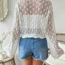 SweatyRocks Women's Tie Front Crop Cardigan Hollow Out Long Sleeve Lightweight Knit Tops (Large, White)