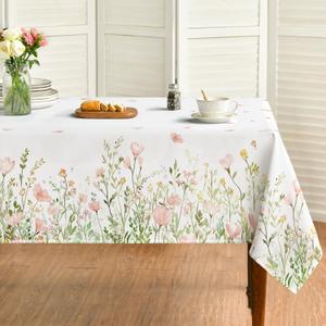 Horaldaily Spring Tablecloth 52x70 Inch Rectangular, Pink Flowers Washable Seasonal Table Cover for Party Picnic Dinner Decor
