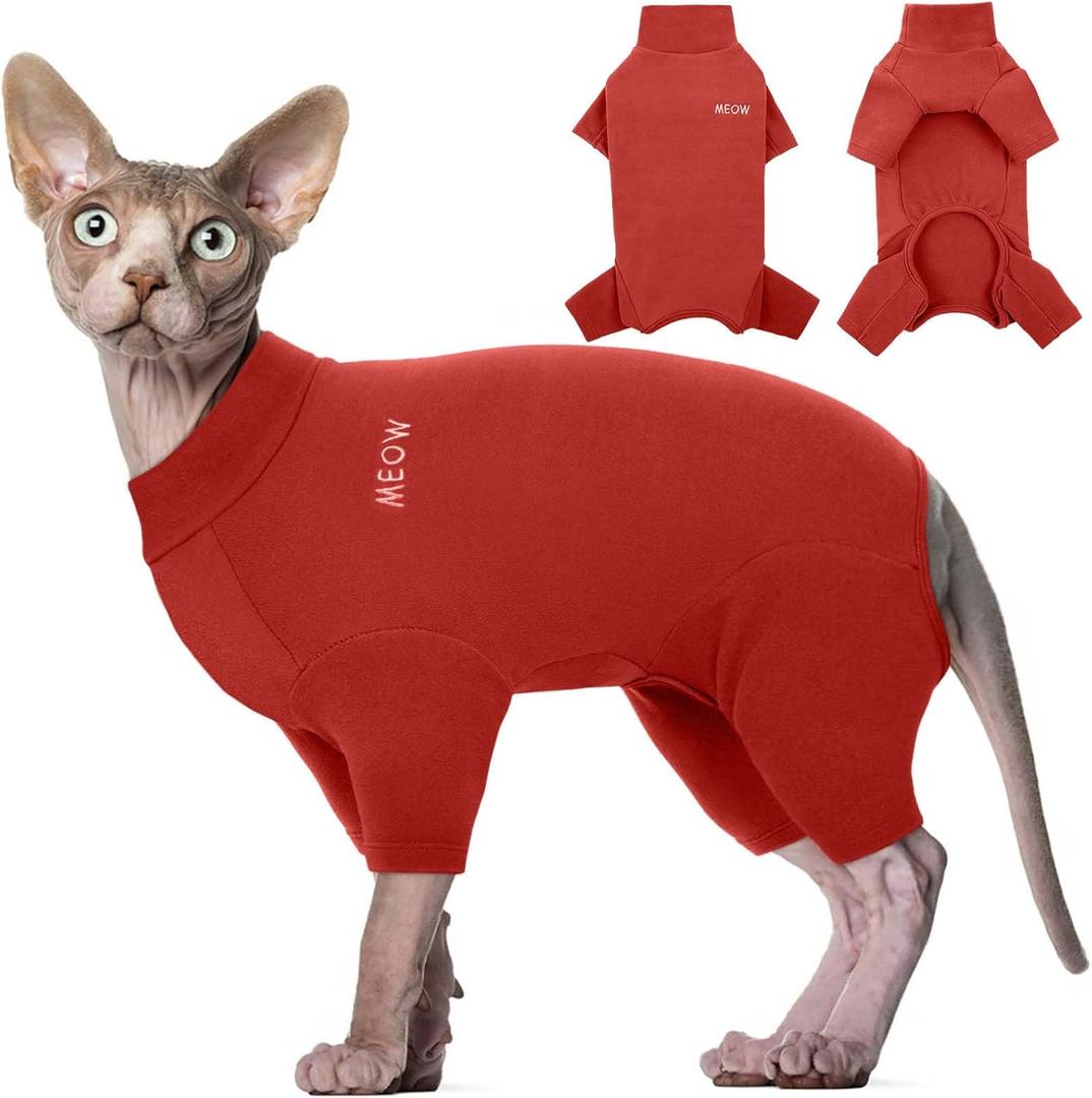 ROZKITCH Cat Clothes - Breathable Soft Jumpers for Cats, Warm Sweater T-Shirt Pajamas Jumpsuit Vest - Cornish Rex Devon Rex Peterbald Red L (L(Back Length:12.59"))