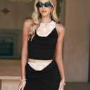 CSDAJIO 2 Piece Outfits for Women Sleeveless Lace Shirt Draped Cowl Neck Tank Top and Ruched Bodycon Mini Skirt Sets (Black, L)