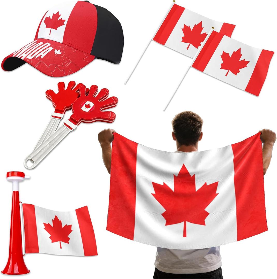 3 x 7Pcs Soccer Fan Set, Canada Patriotic-theme Supplies with Flags, Clappers, Shawl, Cap and Horn for Football Game, Patriotic Party & Costume Party