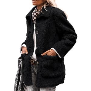PRETTYGARDEN Women's Winter Faux Fur Coats Long Sleeve Lapel Button Down Pockets Fleece Sherpa Jacket Casual Trendy Outerwear (Medium, Black)