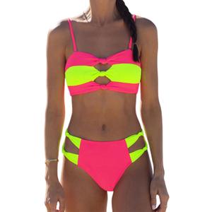 HYTENSUN Women's 2 Piece Bandeau Bikini Set Sexy Cutout Colorblock Swimsuit Bathing Suits with Removable Straps