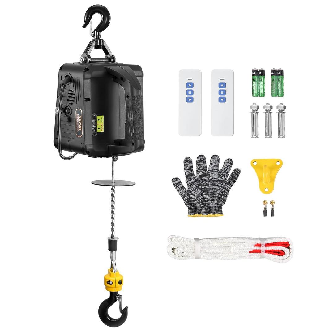 VEVOR 2-in-1 Electric Hoist Winch, 1100 lbs Capacity, 1500W Portable Power Winch Crane, 22.9 ft Lifting Height, 13 ft/min with Wireless Remote Control, for Garage, Warehouse, Factory Lifting Towing (Black)