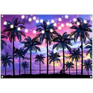Fabric 7x5ft Purple Summer Seaside Sunset Backdrop Hawaii Beach Palm Trees Tropical Photography Background Luau Party Decorations Kids Adults Photo Banner Booth