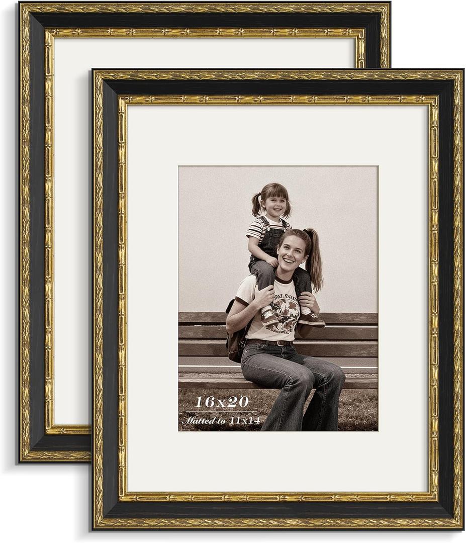 16x20 Gold Picture Frame with Mat for 11x14 - Antique Gold - Ornate Vintage 16x20 Frame for Wall, 1.5 Wide Molding, Display Portrait or landscape for Retro Home Decor, Black, 2 Pack 16x20 Gold Picture Frame with Mat for 11x14 - Antique Gold - Ornate Vintage 16x20 Frame for Wall, 1.5 Wide Molding, Display Portrait or landscape for Retro Home Decor, Black, 2 Pack